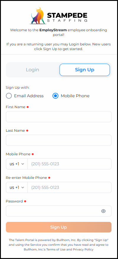 The updated Sign Up page with Mobile Phone selected, showing First Name, Last Name, Mobile Phone, Re-enter Mobile Phone, and Password fields with a show/hide eye icon, and a red Sign Up button. The country code picker and branch selection section have been removed.