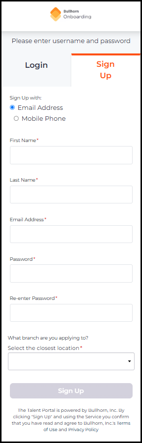 The previous Sign Up page with Email Address selected, showing First Name, Last Name, Email Address, Password, and Re-enter Password fields, a What branch are you applying to section with a Select the closest location dropdown, and a grayed-out Sign Up button.