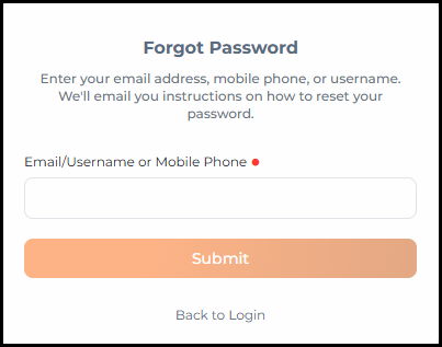 The updated Forgot Password page showing the Bullhorn diamond logo within a card, a Forgot Password heading, instructional text, an Email/Username or Mobile Phone field, a Submit button, and a Back to Login link.