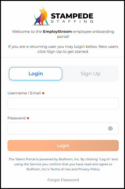 The updated Login page showing the Bullhorn diamond logo, a Log in or Sign up below subheading, pill-style Login and Sign Up tab buttons with Login selected, a Username / Email field, a Password field with a show/hide eye icon, a red Login button, an or separator, a Login with Single Sign-On button, legal text, a Forgot Password link, and an English language selector in the top-right corner.