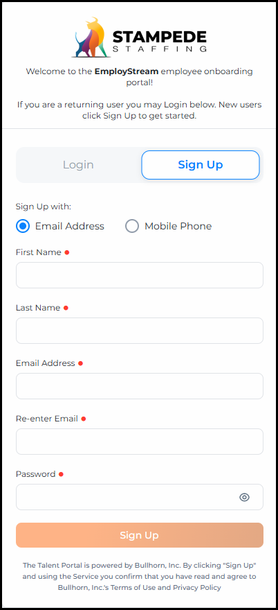 The updated Sign Up page with Email Address selected, showing First Name, Last Name, Email Address, Re-enter Email, and Password fields with a show/hide eye icon, and a red Sign Up button. The branch selection section has been removed.