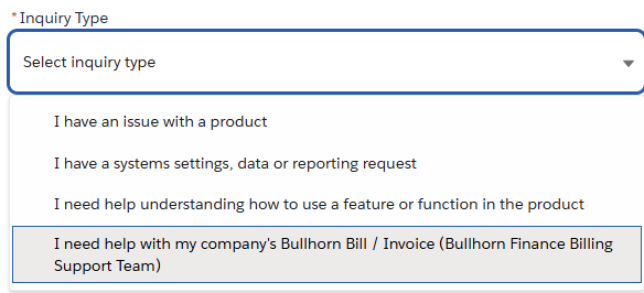 Bullhorn Hub Inquiry Type dropdown showing four options, with 'I need help with my company's Bullhorn Bill / Invoice (Bullhorn Finance Billing Support Team)' highlighted at the bottom.