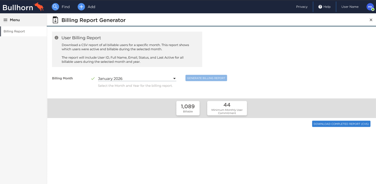 Billing Report Generator page after report generation, showing a Billable Users count and a Minimum Monthly User Count, with a Download Billing Report (CSV) button in the lower right.