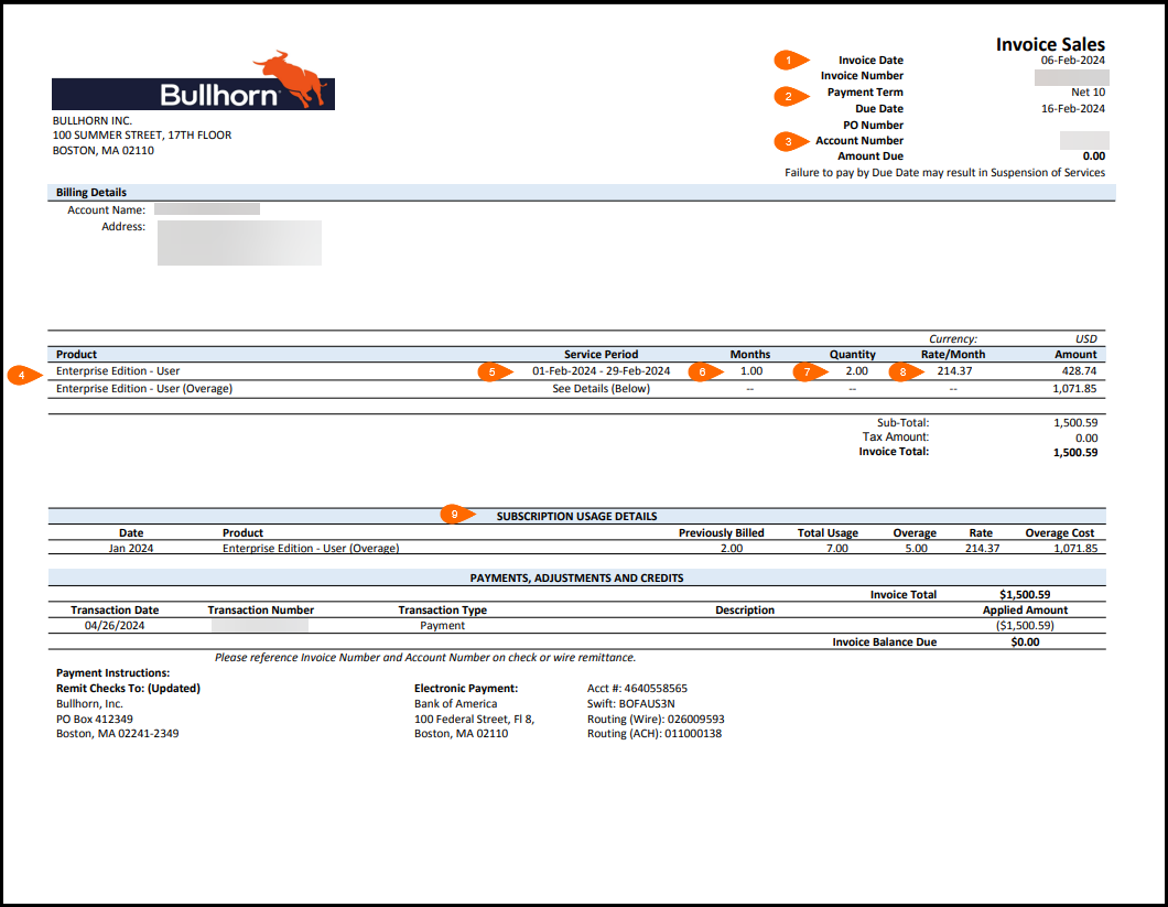 Sample Bullhorn invoice with nine numbered callouts identifying key fields: invoice date and number, payment term, account number, product and user type, service period, months, quantity, rate per month, and subscription usage details.