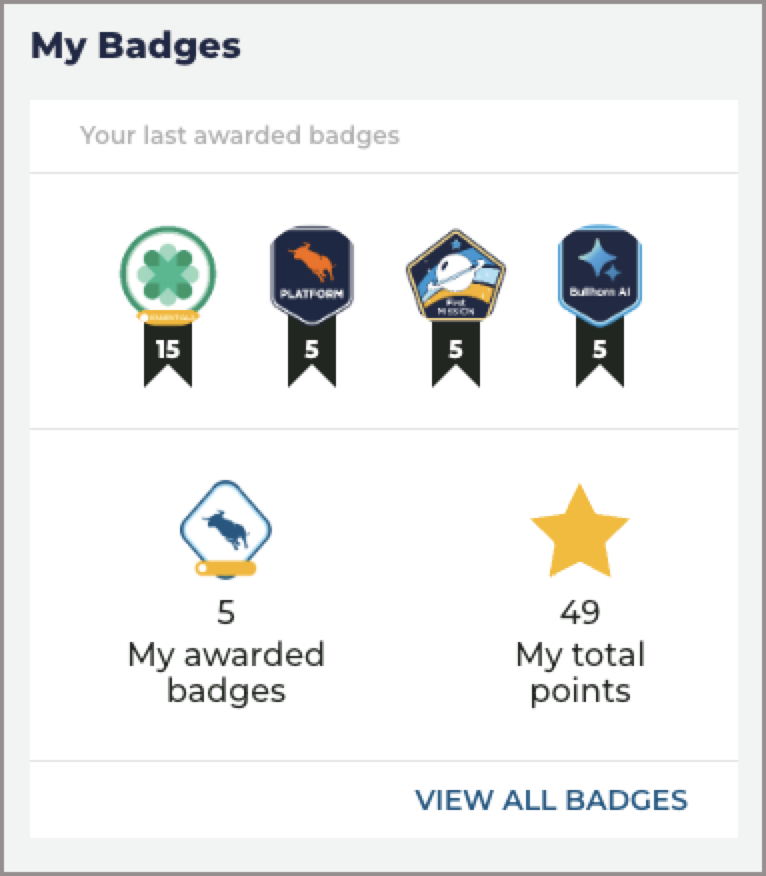 The My Badges widget on the Bullhorn Launch dashboard showing recently earned badges, awarded badge count, and total points.