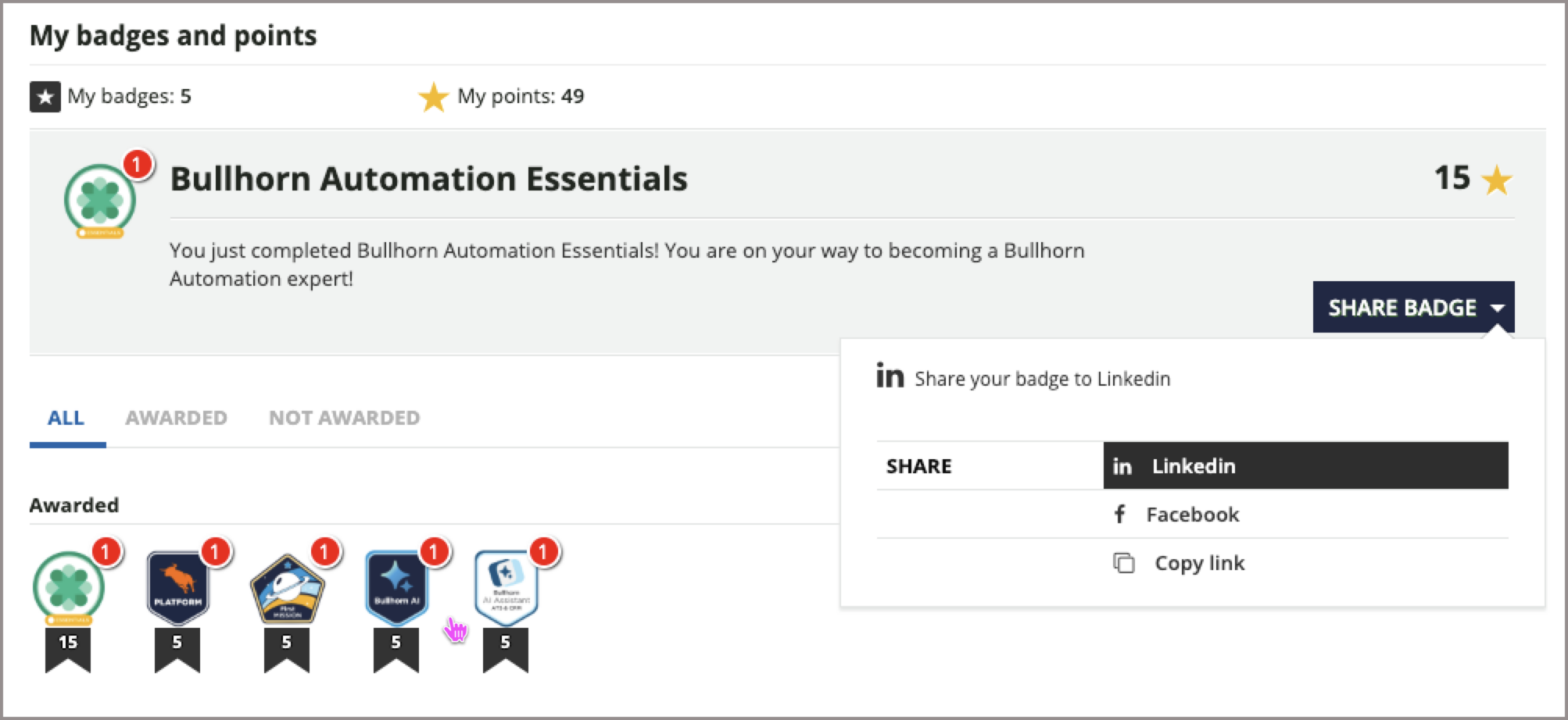 The Share Badge menu showing social network options for sharing a Bullhorn Launch badge.