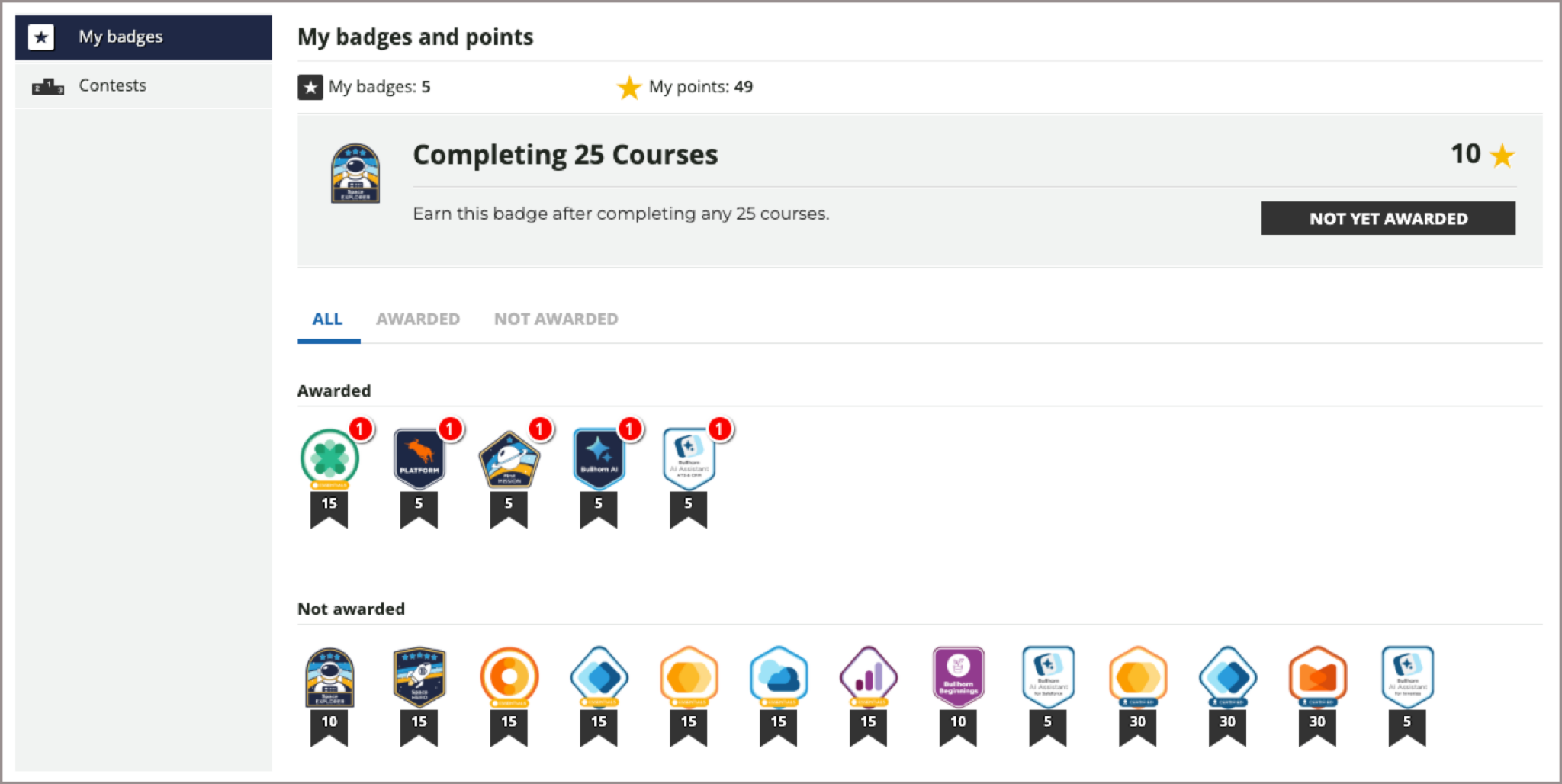 The View All Badges page in Bullhorn Launch showing earned and available badges.